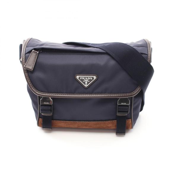 Prada TESSUTO CAMOSCIO Shoulder Bag Suede Navy Blue Brown - Picture 1 of 7
